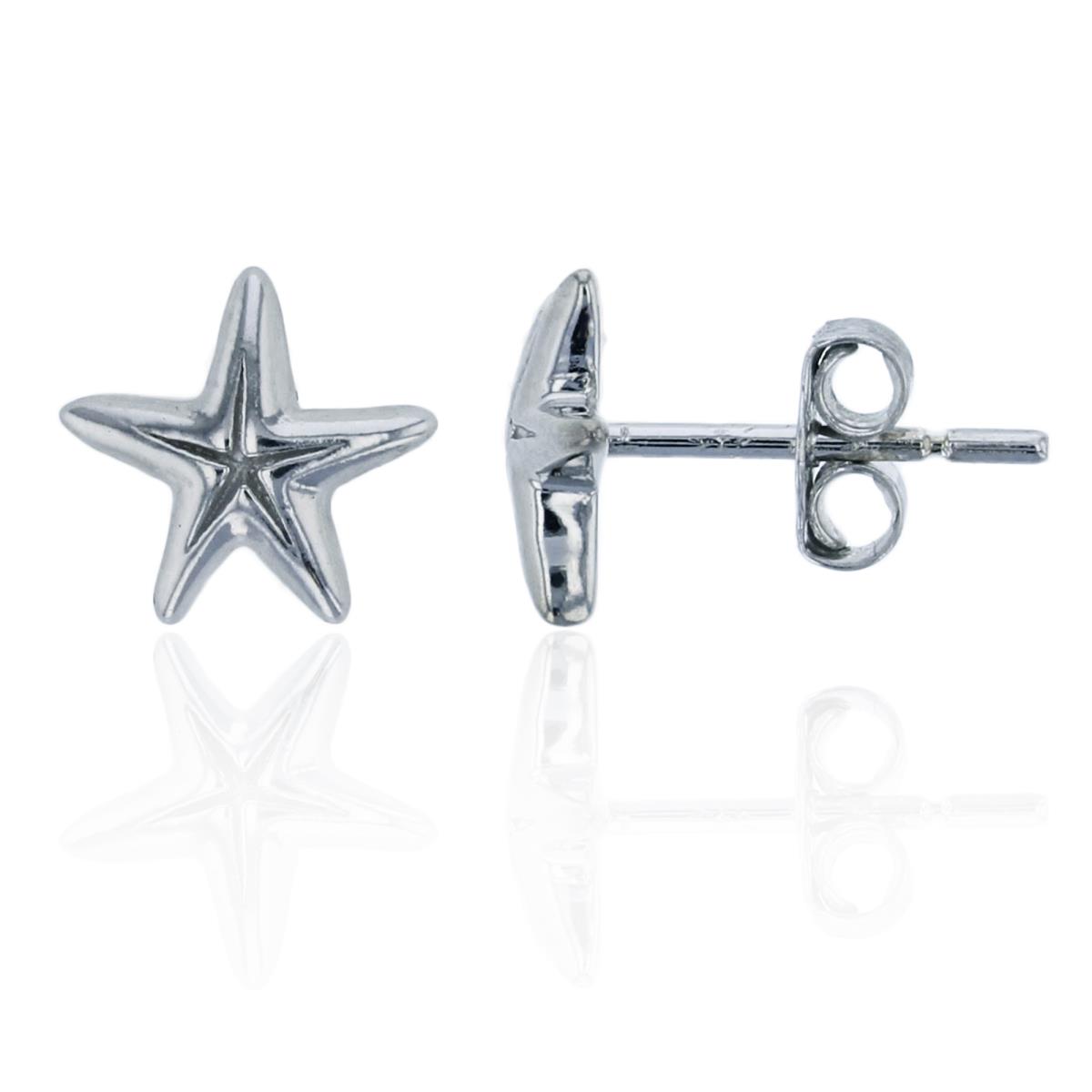 Sterling Silver Rhodium 8x7mm Polished Starfish Stud Earring