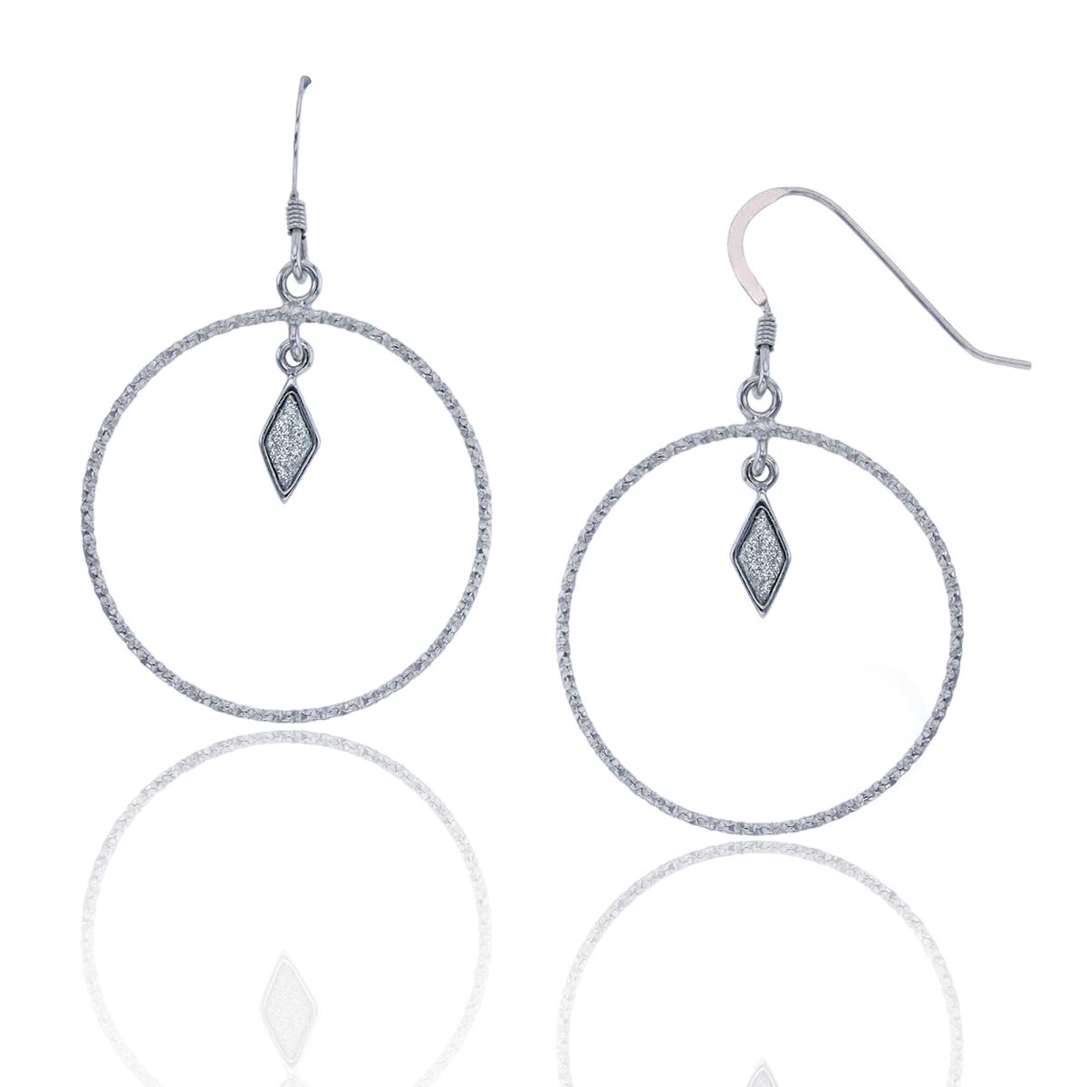 Sterling Silver Rhodium DC and Glitter Open Circle Dangling Rhomb Earring