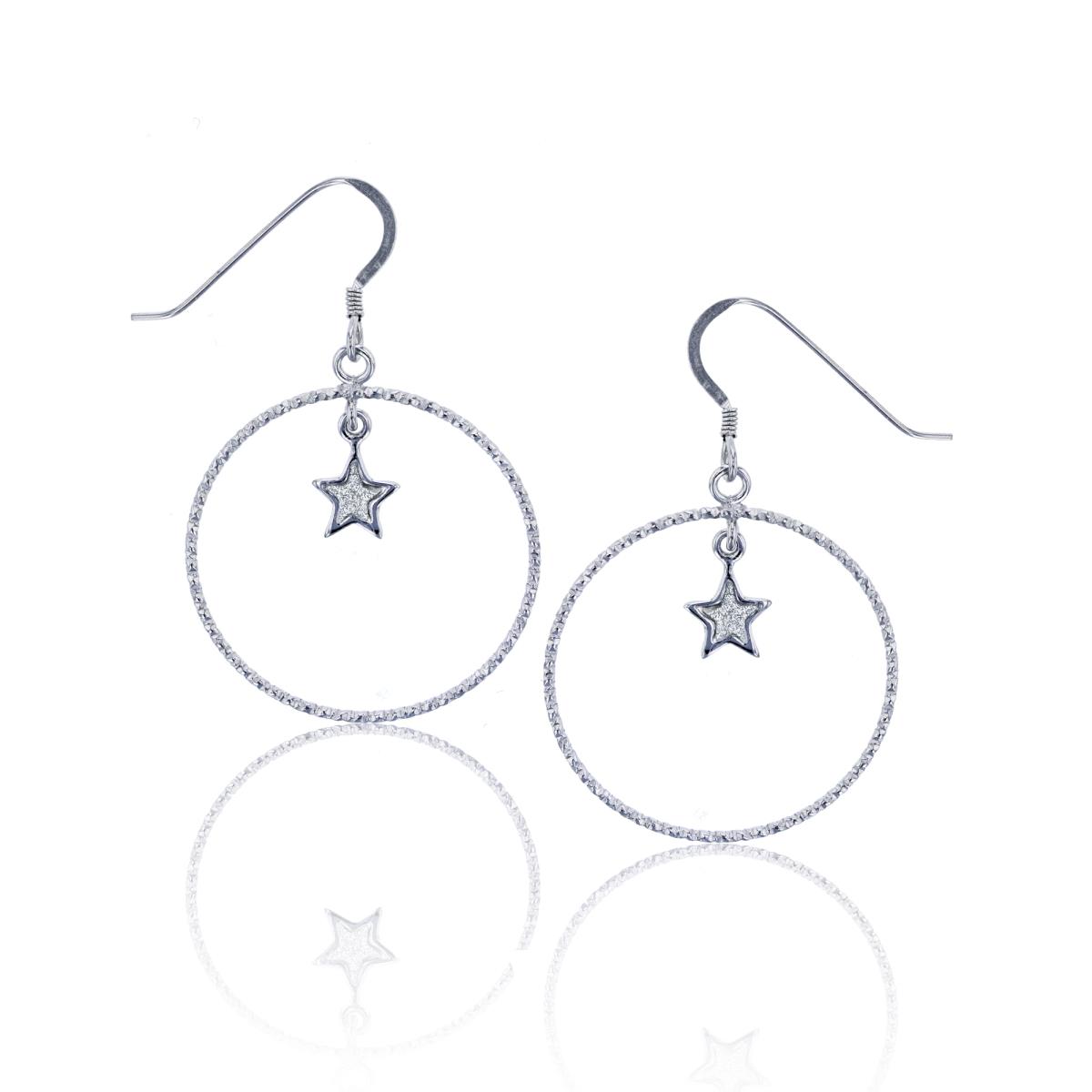 Sterling Silver Rhodium DC and Glitter Open Circle and Star Dangling Earring
