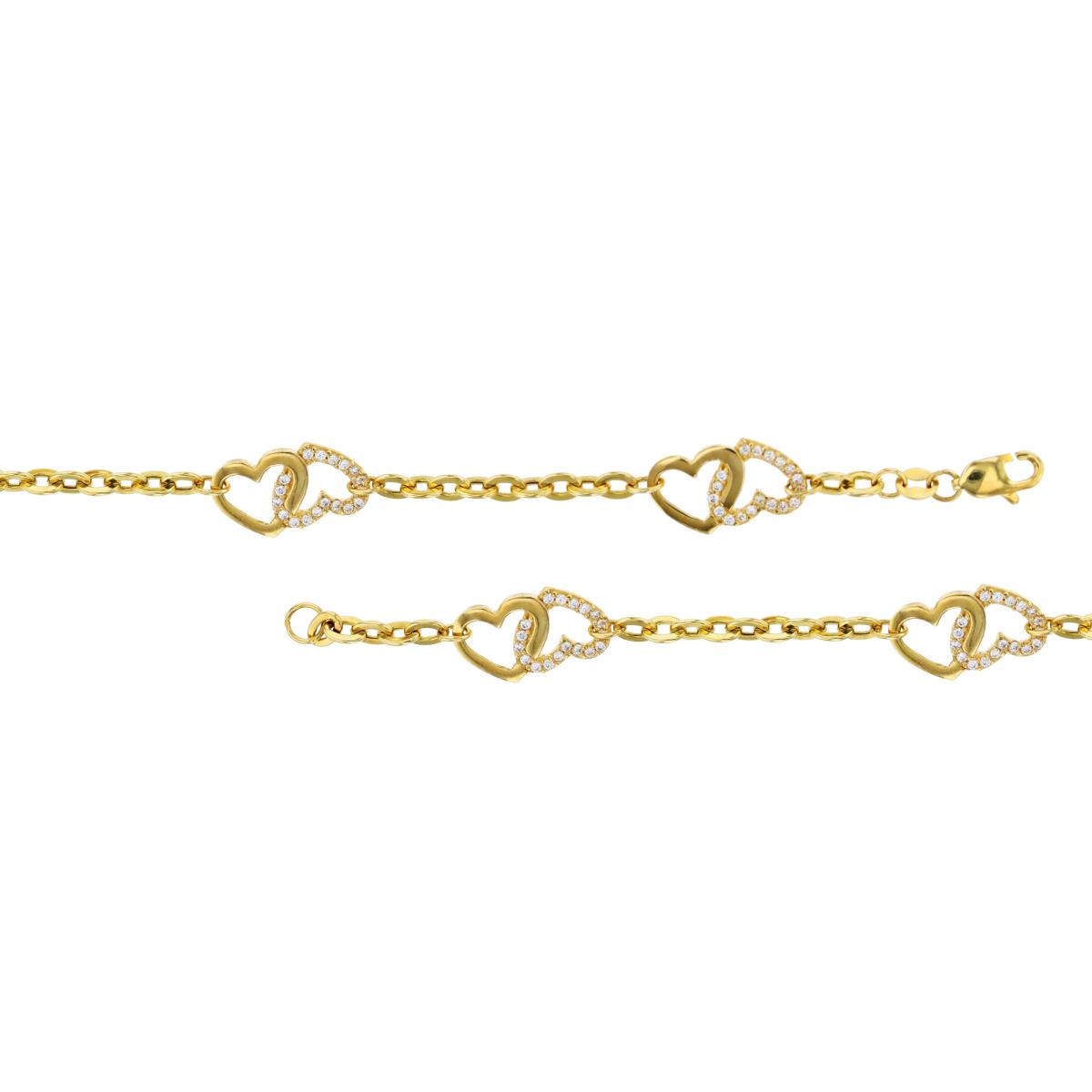 14K Yellow Gold Double Heart 10" Anklet with Cubic Zirconia