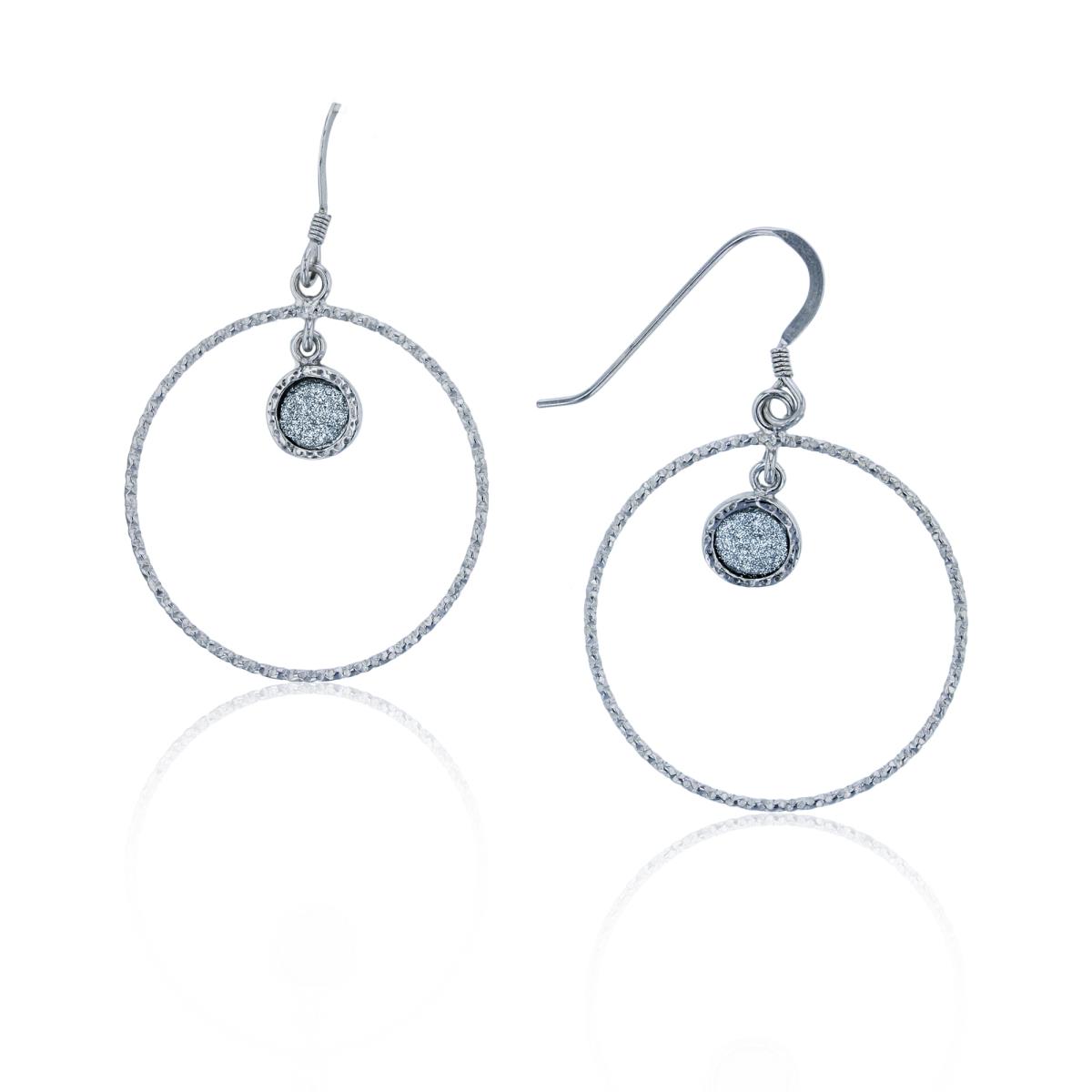 Sterling Silver Rhodium 41x25mm DC Open Circle and Glitter Round Dangling Earring