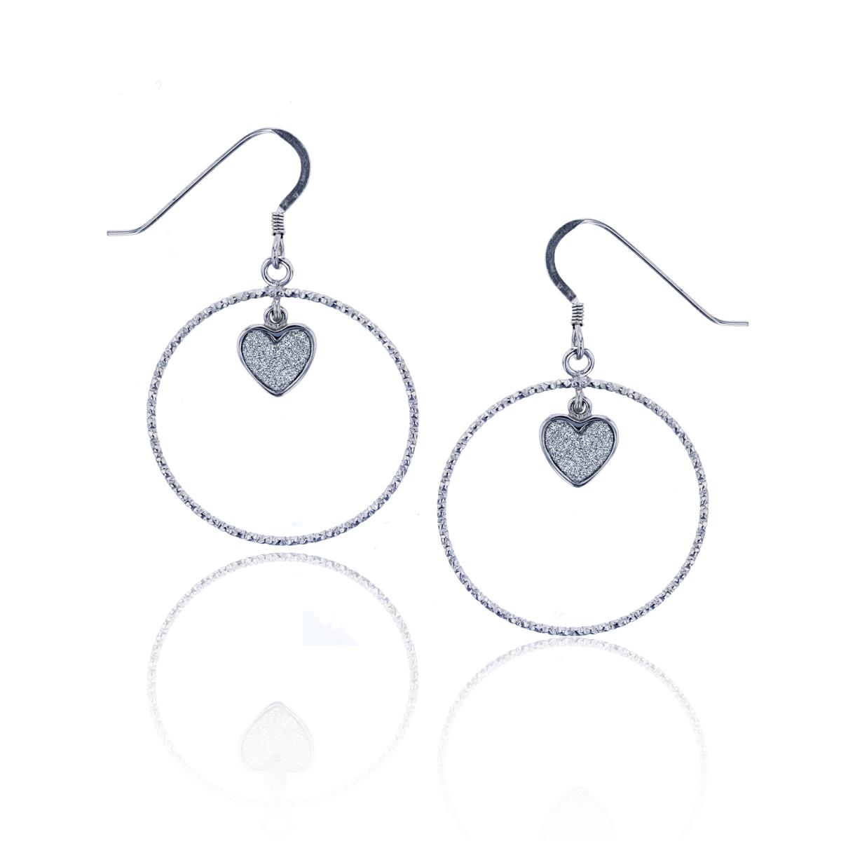Sterling Silver Rhodium 41x25mm DC Open Circle with Dangling Glitter Heart Earring