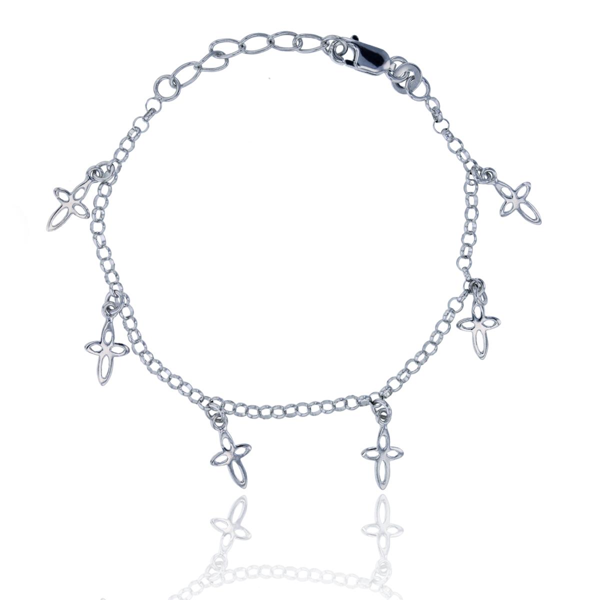 Sterling Silver Rhodium Polished Open Dangling Crosses Charm 6"+1" Bracelet