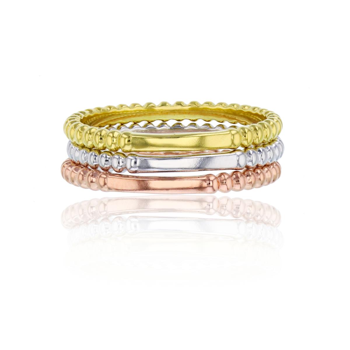 Sterling Silver Tri-Color 2.00mm Bubble Fashion 3 Stack Band Ring