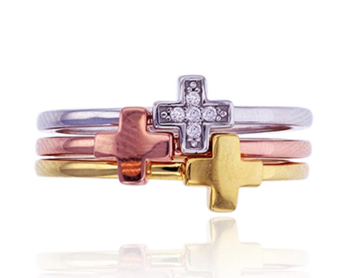 Sterling Silver Tricolor Micropave Polished Cross Stack Ring