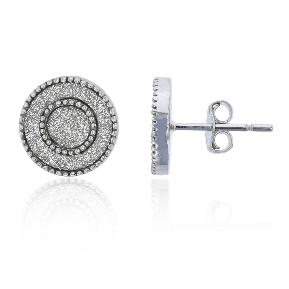 Sterling Silver Rhodium 10mm Double Circle Glitter Stud Earring