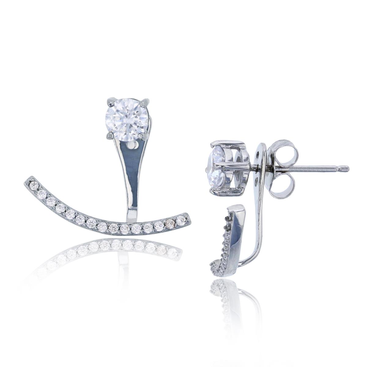 Sterling Silver Rhodium 15x20mm Solitaire Stud and CZ Curved Bar Dangling Earring