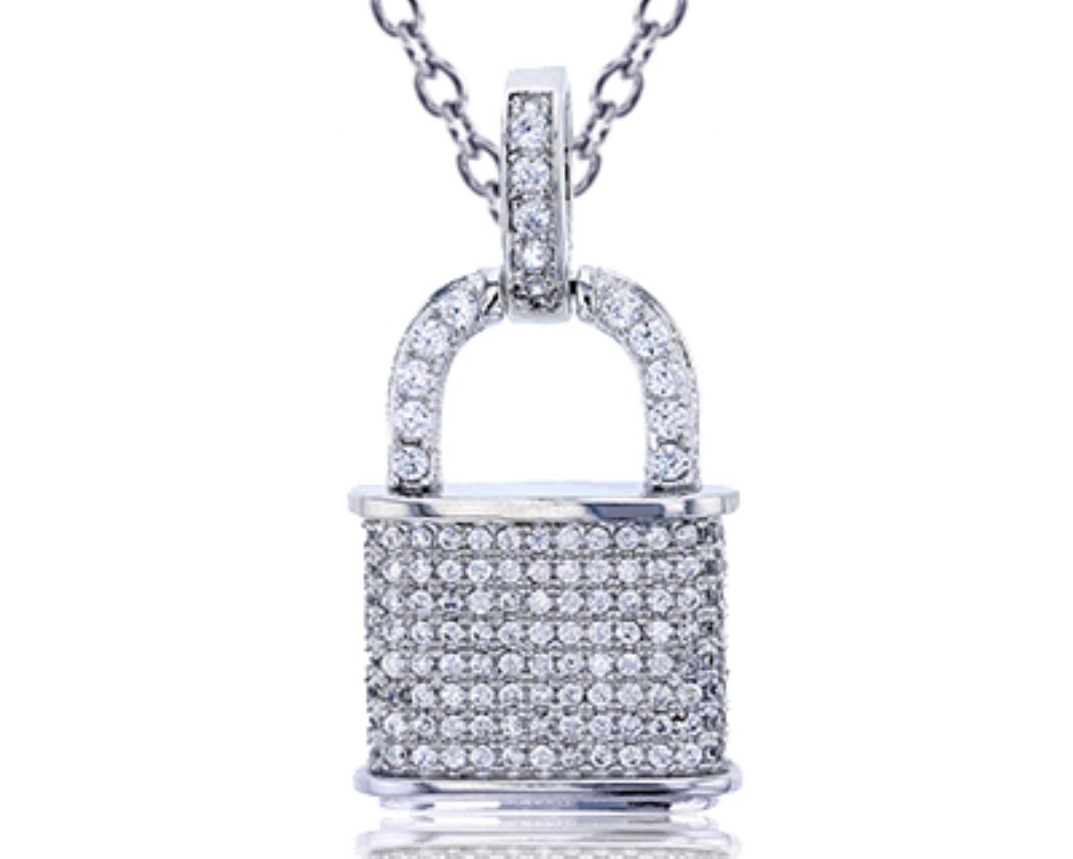 Sterling Silver Rhodium Micropave Round CZ Lock 18"+2" Extender Necklace
