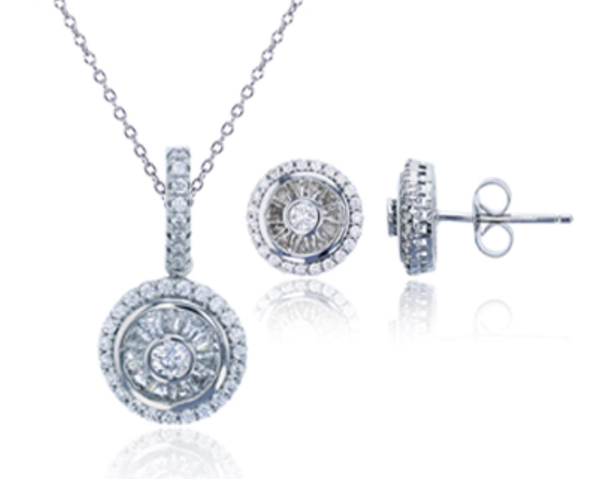 Sterling Silver Rhodium Baguette & Round CZ Bezel 18"+2" Extender Necklave and Earring Set