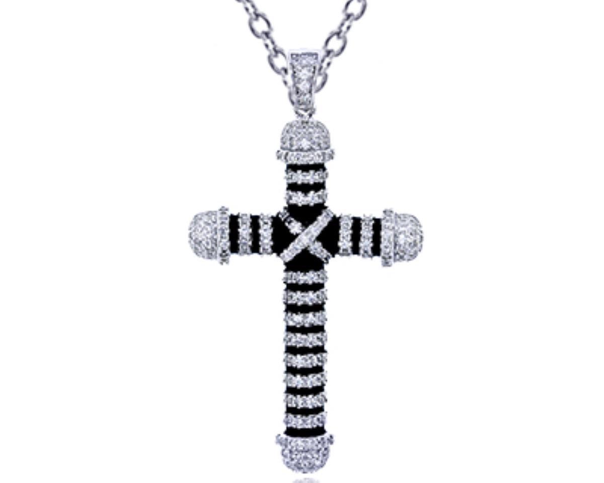 Sterling Silver Rhodium Micropave 36x23mm Black Enamel and Clear CZ Cross 18"+2" Extender Necklace