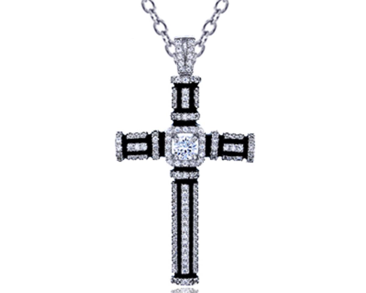 Sterling Silver Rhodium Micropave 36x24mm Black Enamel and Clear CZ Cross 18"+2" Extender Necklace