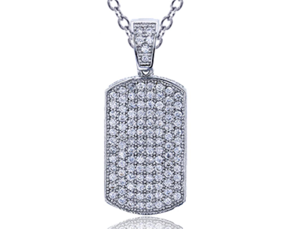 Sterling Silver Rhodium Micropave Dog Tag 18"+2" Extender Necklace