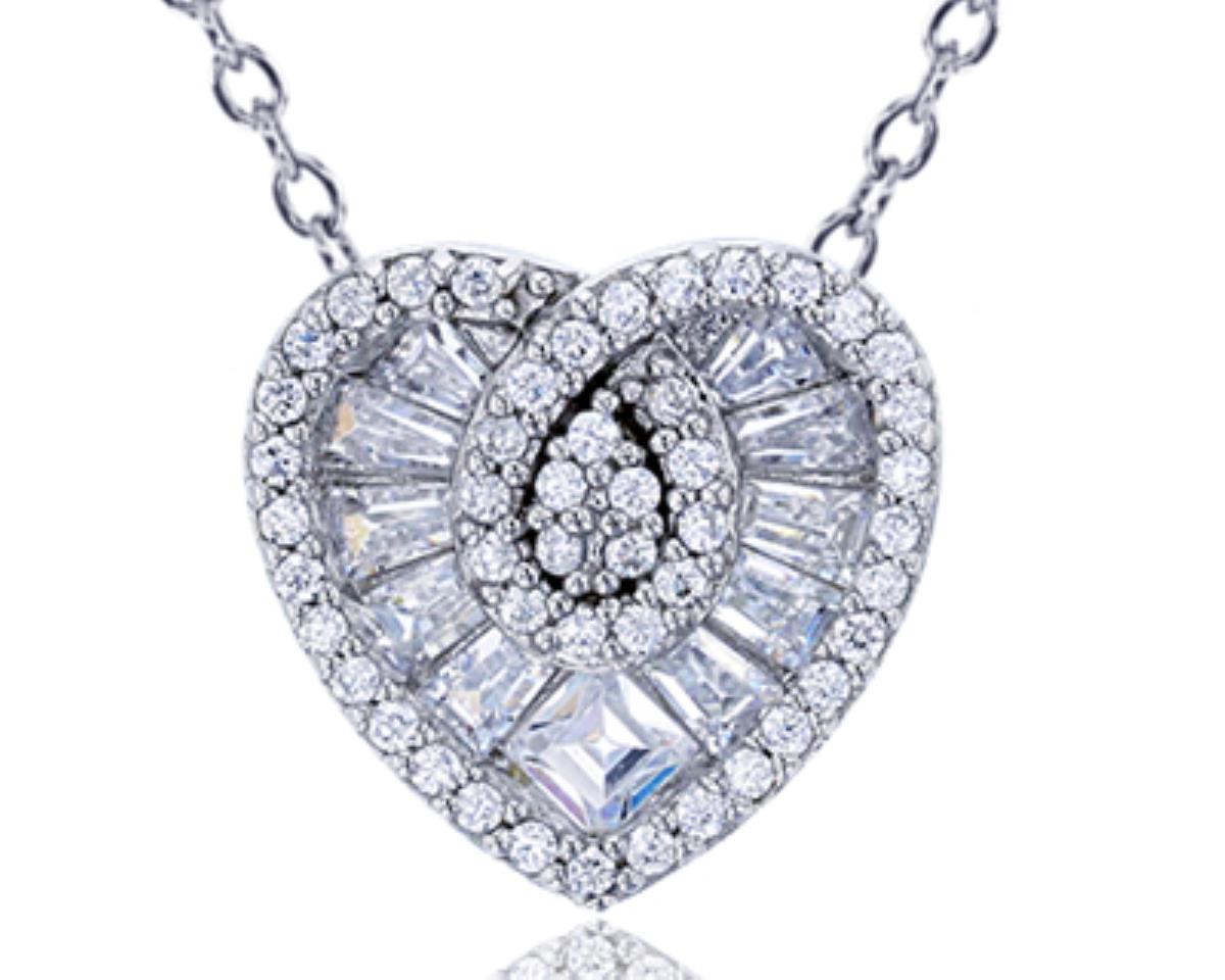 Sterling Silver Rhodium Pave Round & Baguette CZ Heart 18"+2" Extender Necklace