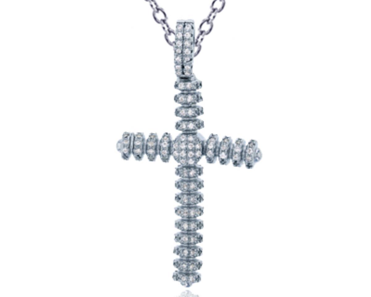 Sterling Silver Rhodium Micropave Dangling Cross 18"+2" Extender Necklace