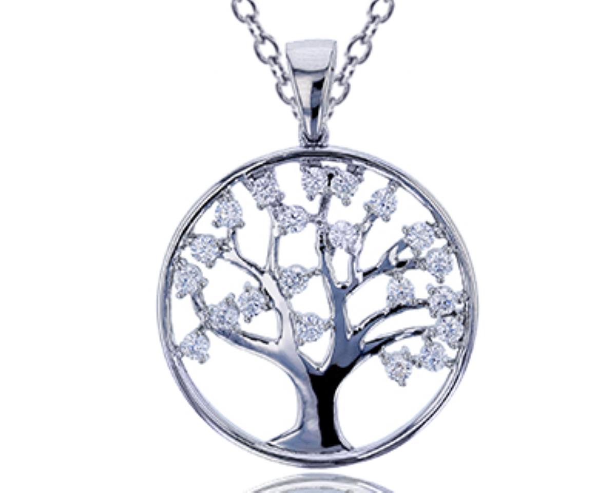 Sterling Silver Rhodium 2.25mm Round CZ Tree Of Life 18"+2" Extender Necklace