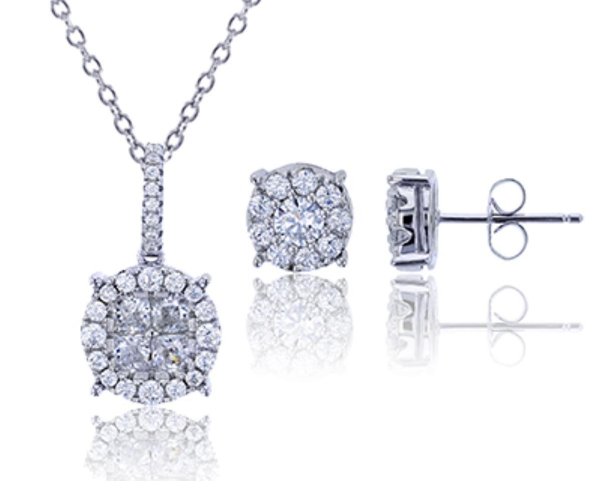 Sterling Silver Rhodium 4mm Round CZ Cluster Stud Earring and Rd & Princess Dangling 18"+2" Extender Necklace Set 