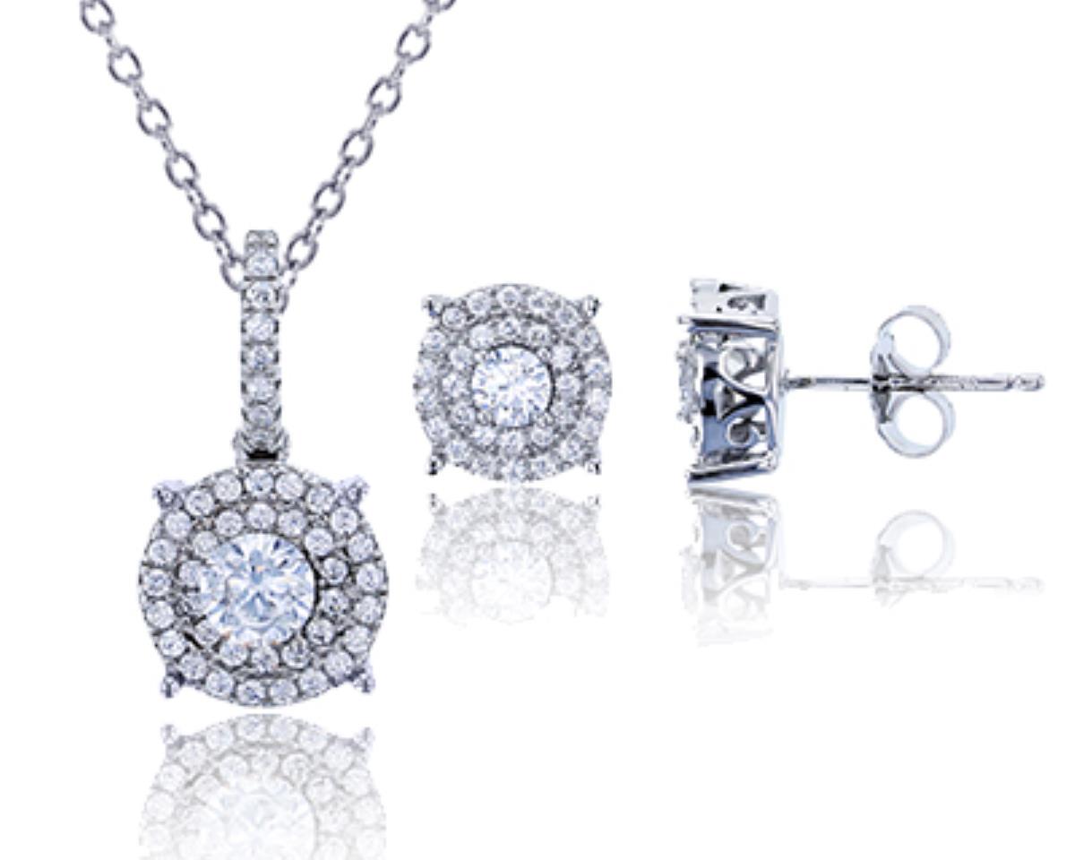 Sterling Silver Rhodium Micropave 3.5mm Round CZ Stud Earrings and 4.25mm Round 18"+2" Extender Necklace Set