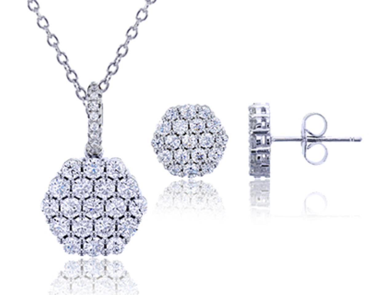 Sterling Silver Rhodium Pave Round CZ Cluster Stud and Hexagon 18"+2" Extender Necklace Set