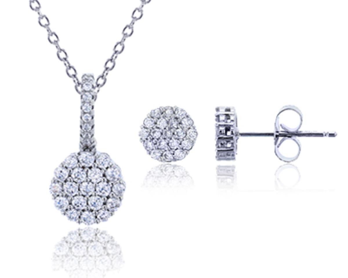 Sterling Silver Rhodium Micropave Round CZ Circle Stud Earrings and 18"+2" Extender Necklace Set