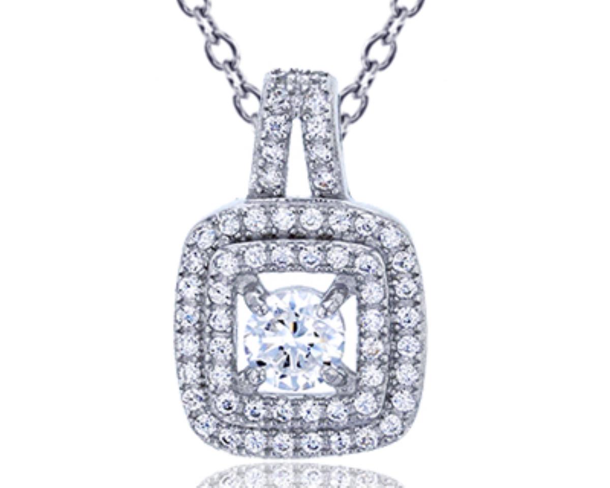 Sterling Silver Rhodium Micropave 4.5mm Round CZ Double Square Halo 18"+2" Extender Necklace