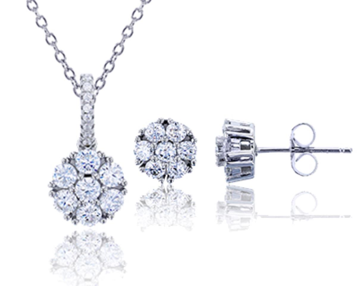 Sterling Silver Rhodium Round CZ Cluster Flower Stud Earrings and 18"+2" Extender Necklace