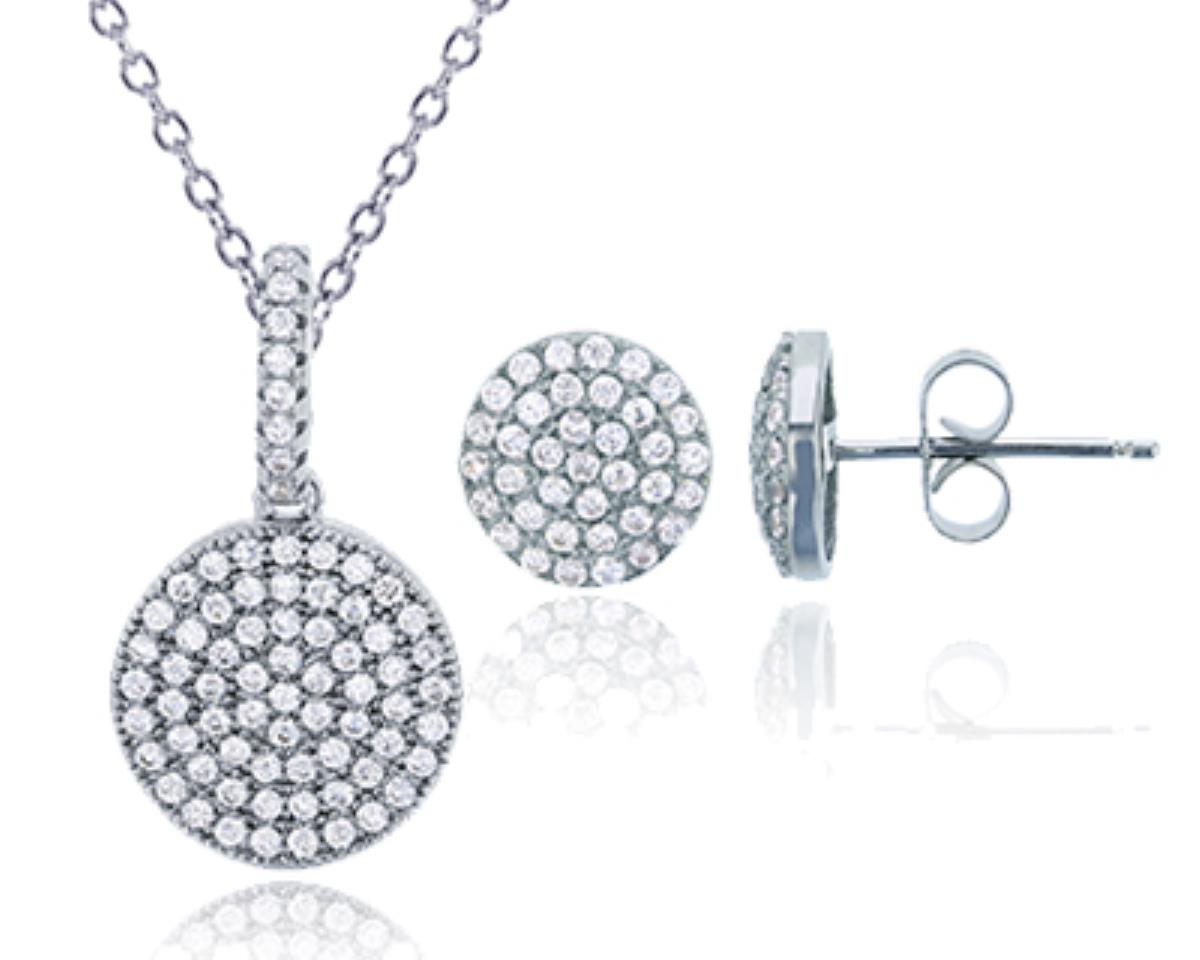Sterling Silver Rhodium Micropave Circle CZ Stud Earrings & 18"+2" Extender Necklace