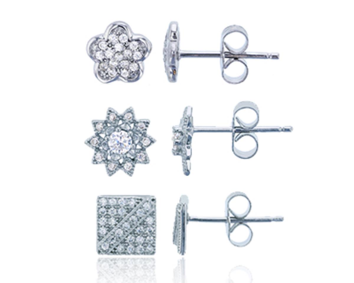 Sterling Silver Rhodium Micropave Round CZ Flowers + Square Stud Earring Set