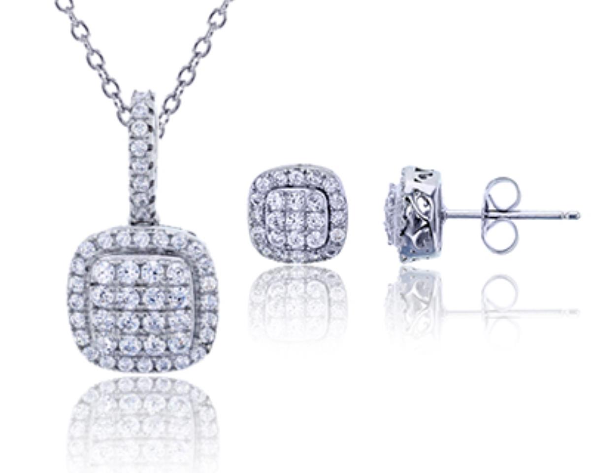 Sterling Silver Rhodium Round CZ Cushion Stud Earring and 18"+2" Extender Necklace