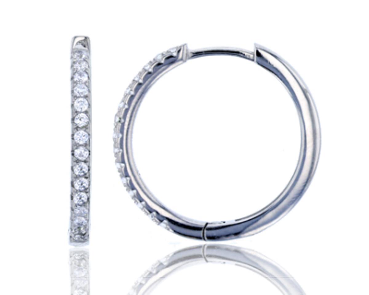 Sterling Silver Rhodium 21x2mm Micropave CZ Single Row Hoop Earring