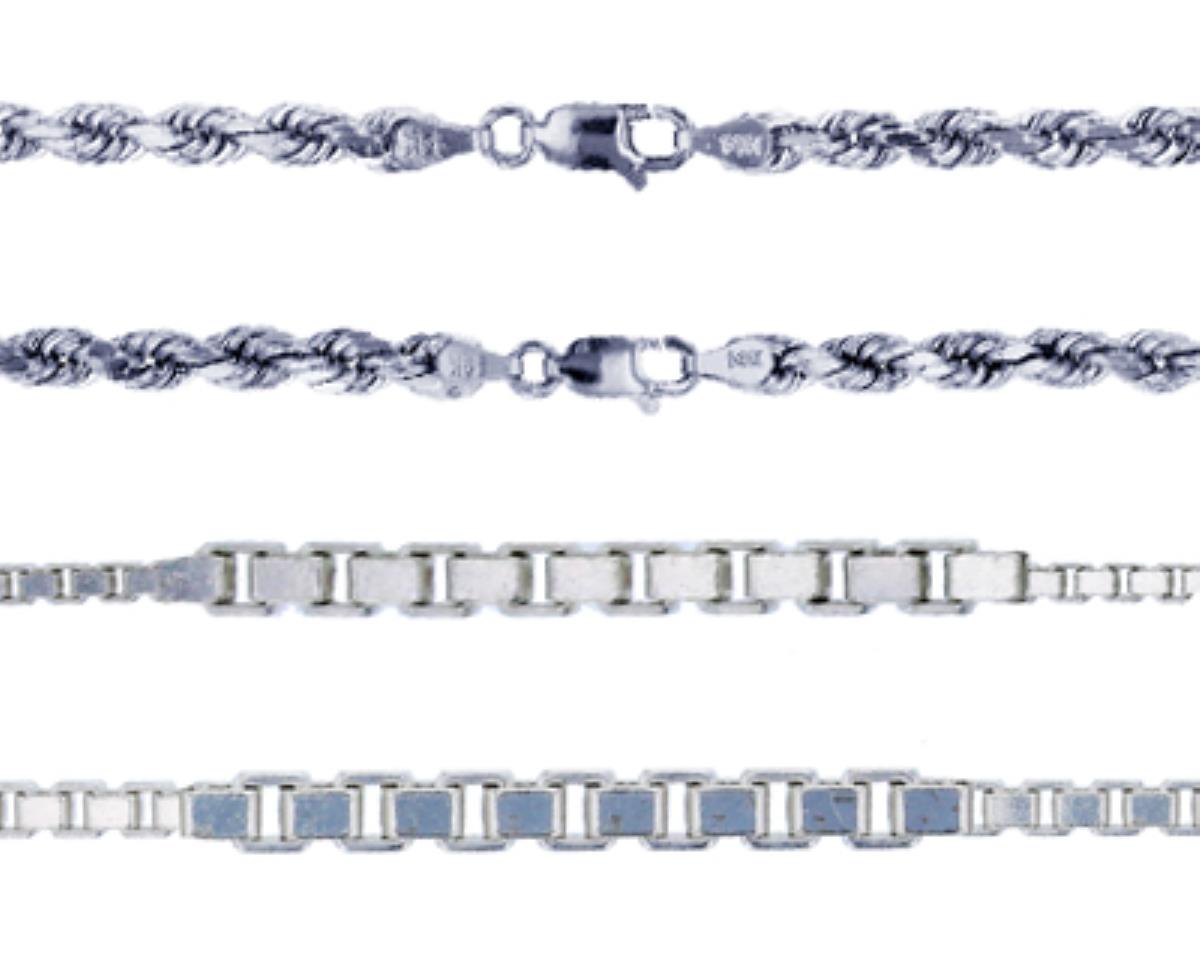 Sterling Silver Silver-Plated E-coated 18" Box and Rope Chain Set (Set of 4) 