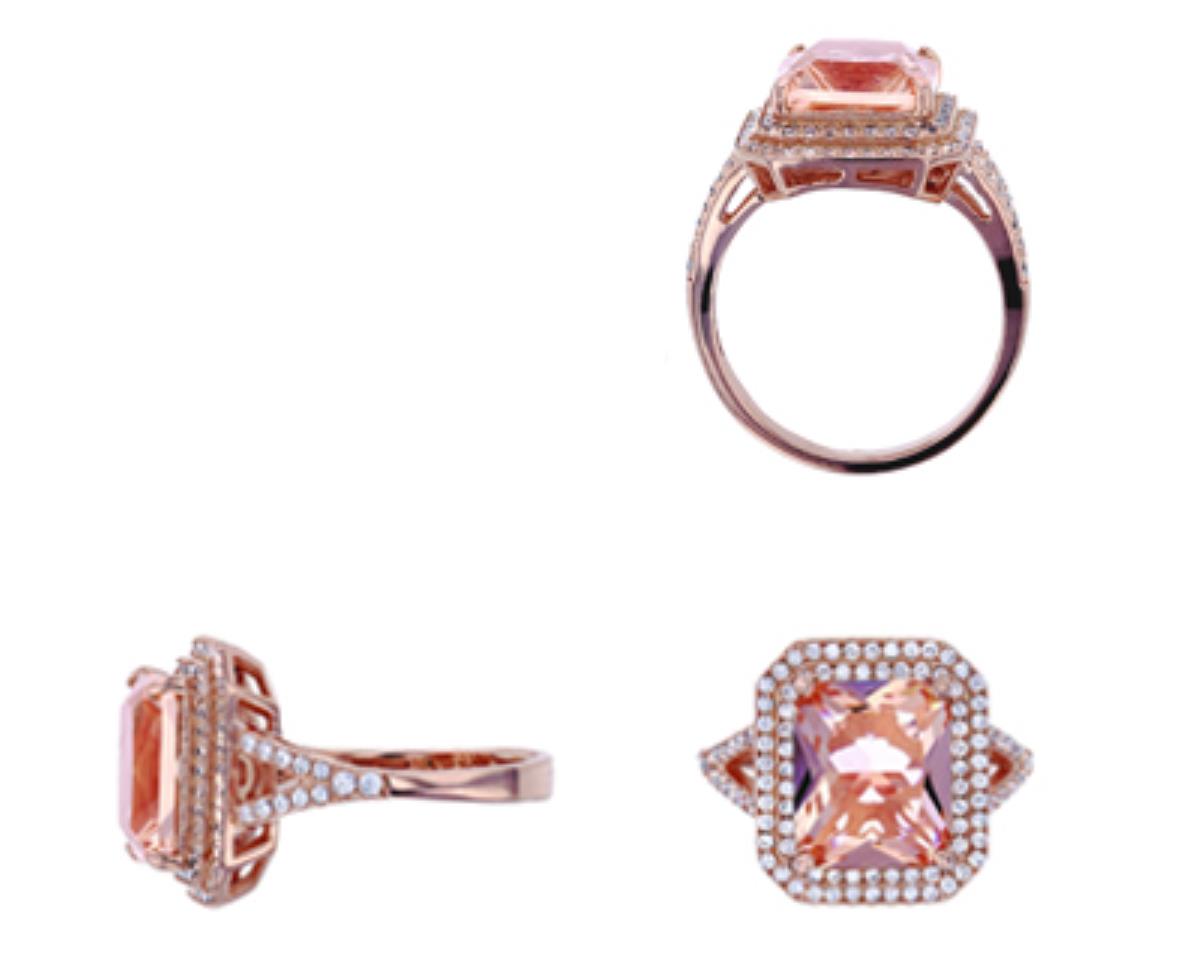 Sterling Silver Rose 12x10mm Emerald Cut Morganite Nano Glass and Clear CZ Engagement Ring