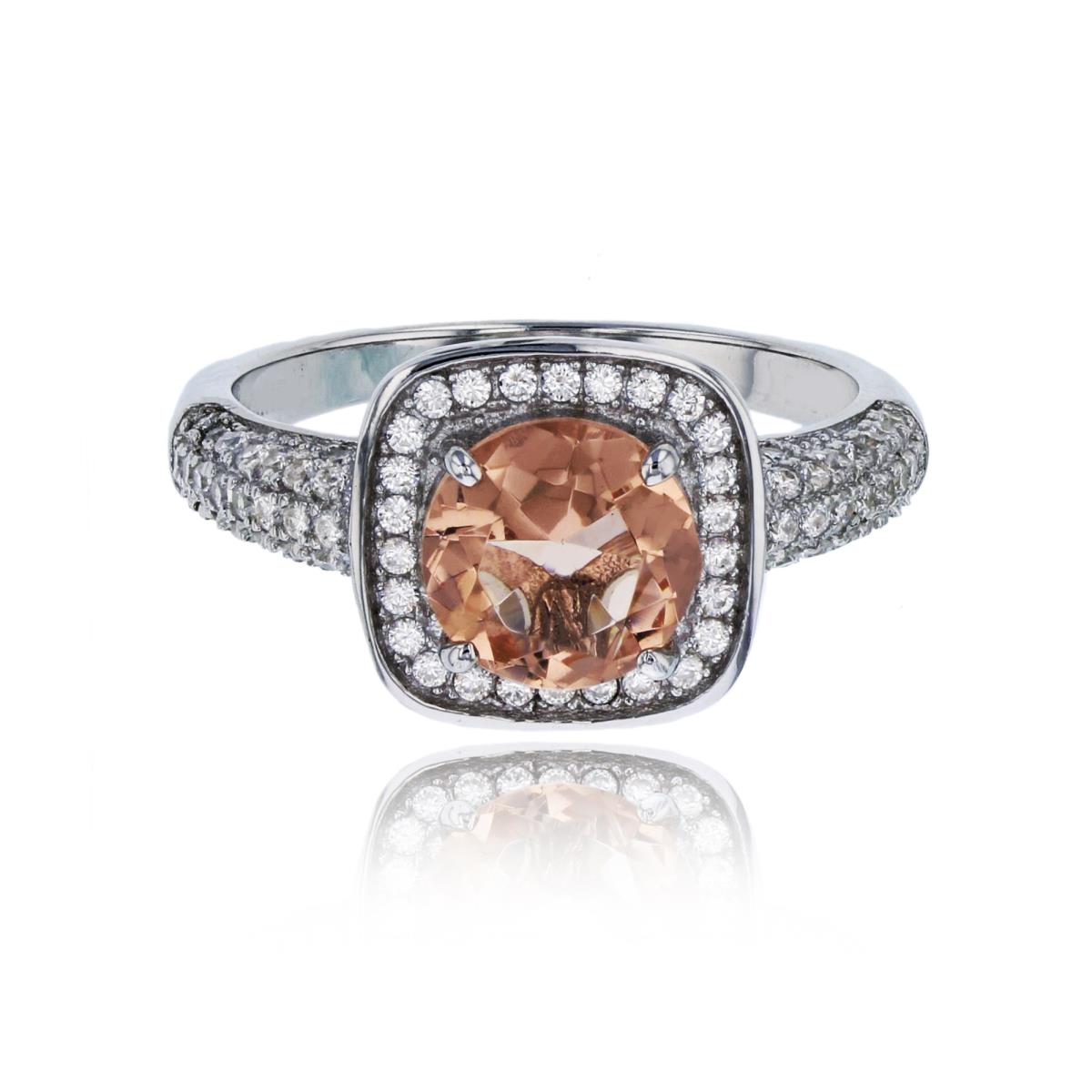 Sterling Silver Rhodium 8mm Rd Morganite Nano and Micropave Clear CZ Square Halo Ring