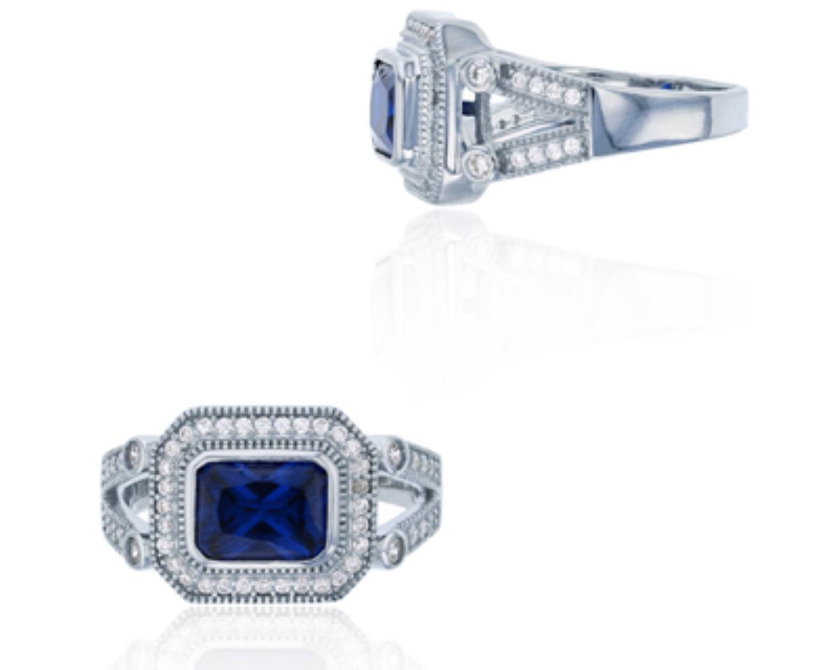 Sterling Silver Rhodium 8mm Sapphire Blue Emerald Cut and Micropave Clear CZ Halo Ring