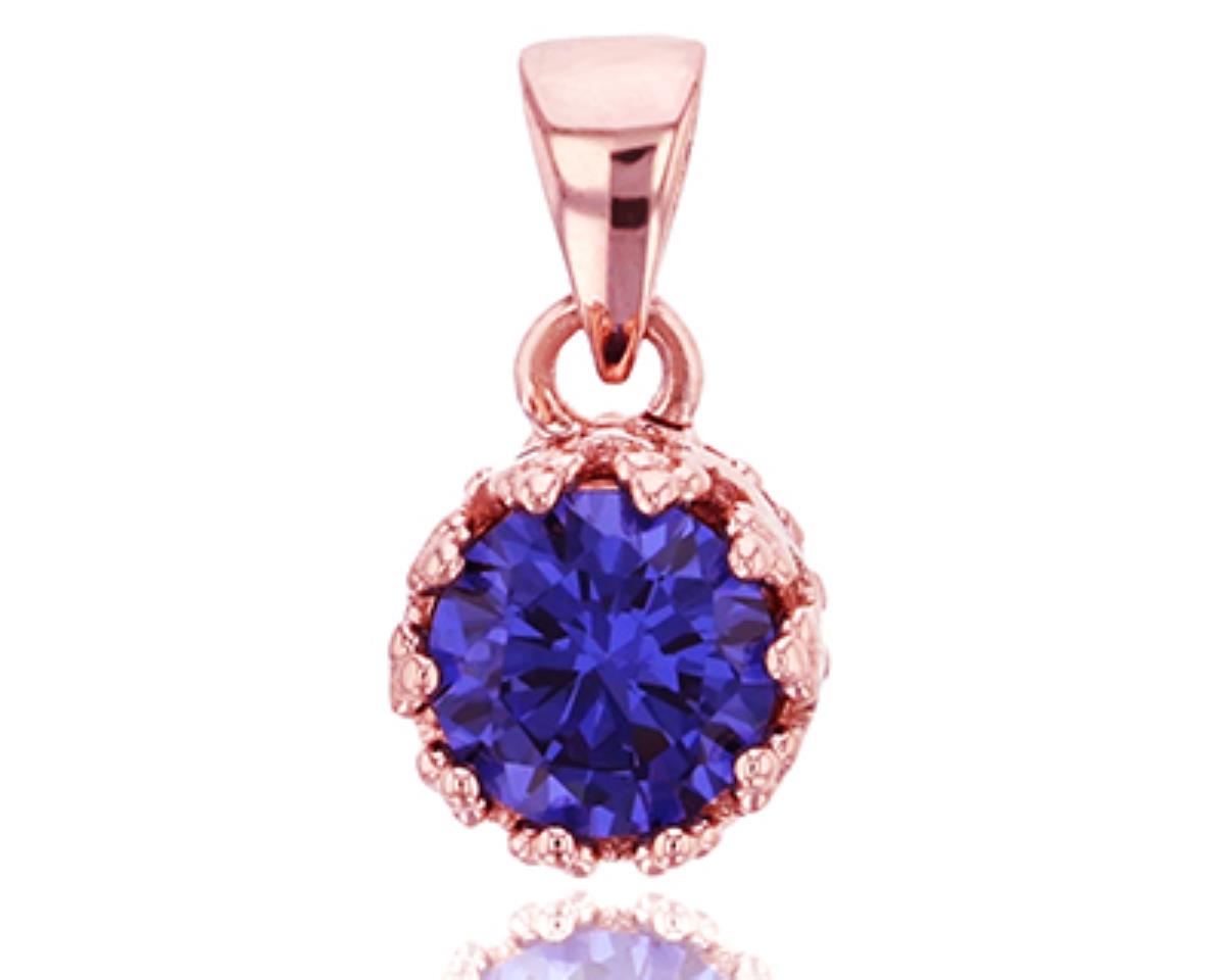 Sterling Silver Rose 6mm Rd Tanzanite CZ Crown Setting Solitaire Pendant