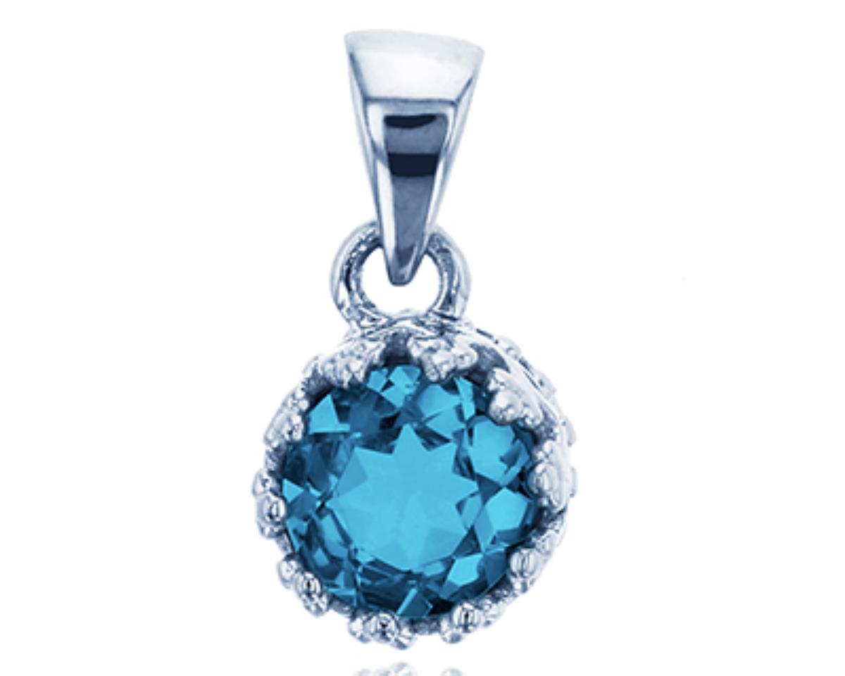 Sterling Silver Rhodium 6mm Rd London Blue Nano Crown Setting Solitaire Pendant