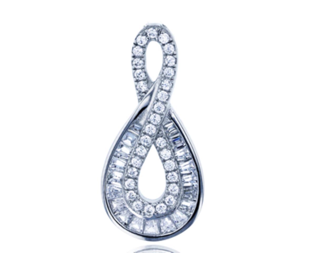 Sterling Silver Rhodium Micropave Round and Baguette Infinity Pendant