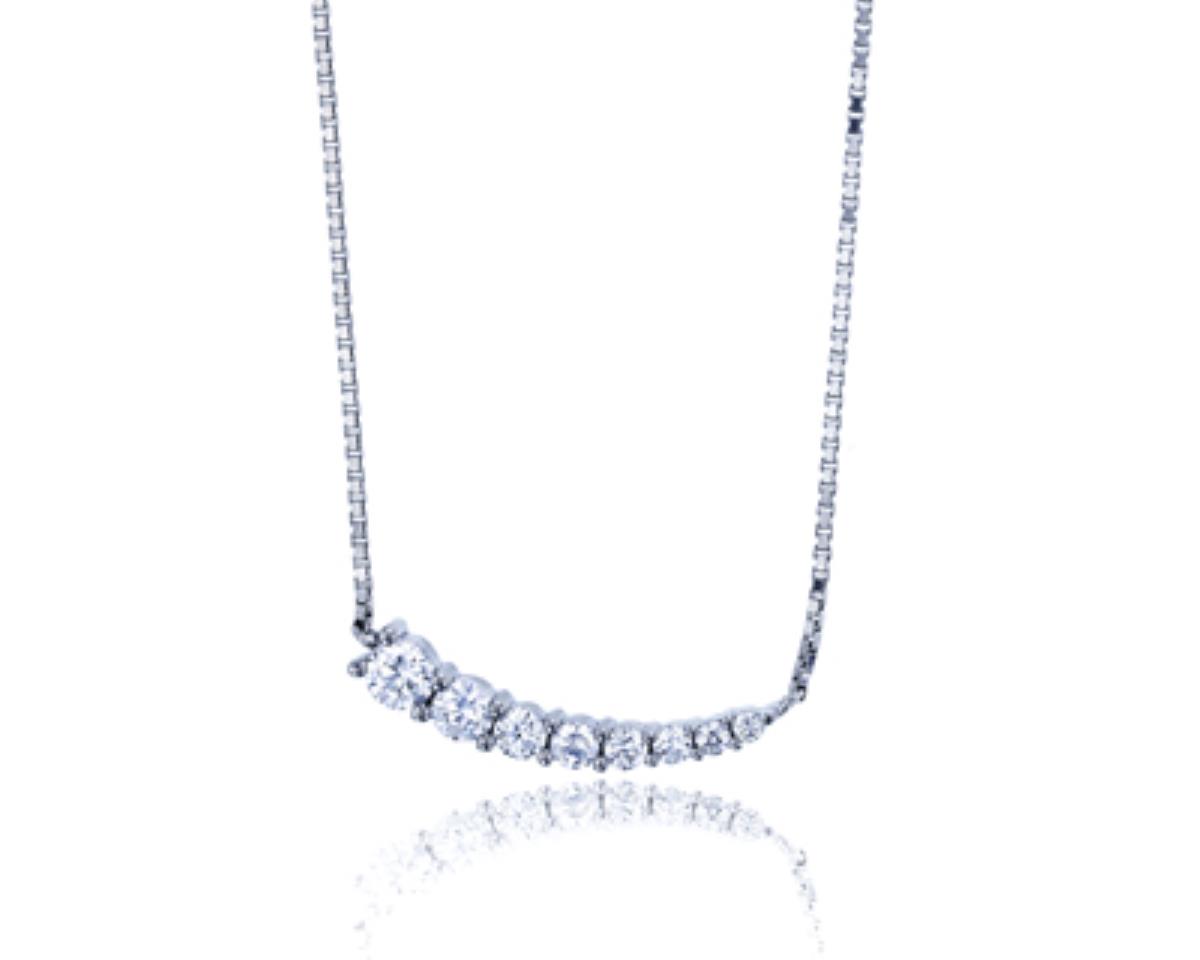 Sterling Silver Rhodium Pave Graduated Curved Bar Adjustable Box Chain Necklace