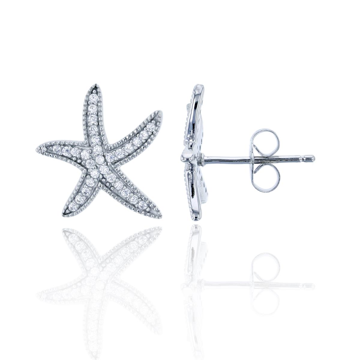 Sterling Silver Rhodium 15x14mm Micropave Starfish CZ Stud Earring