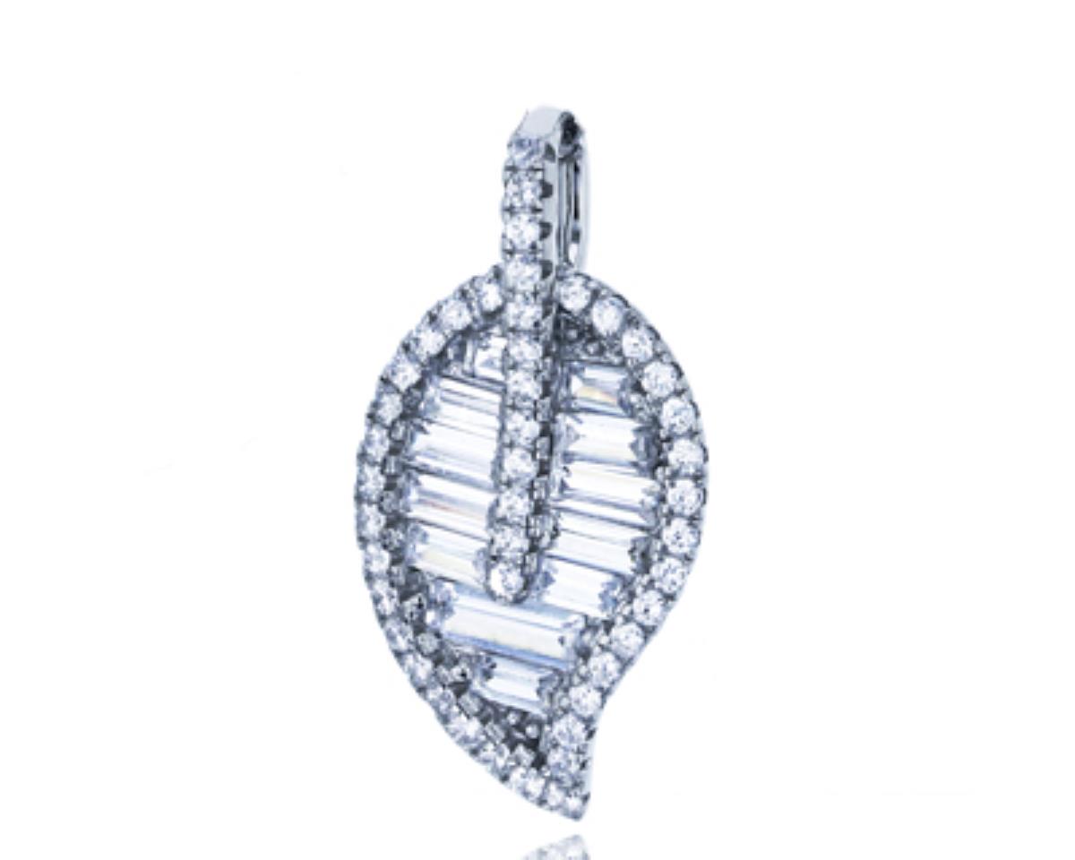 Sterling Silver Rhodium Micropave Round and Baguette Leaf Pendant