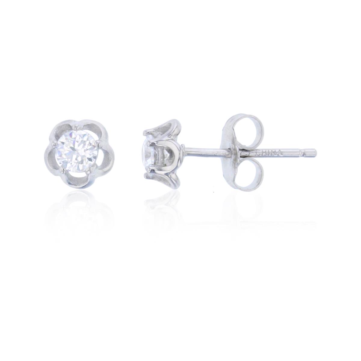 Sterling Silver Rhodium 3.75mm Round Cut Solitaire Flower Stud Earring