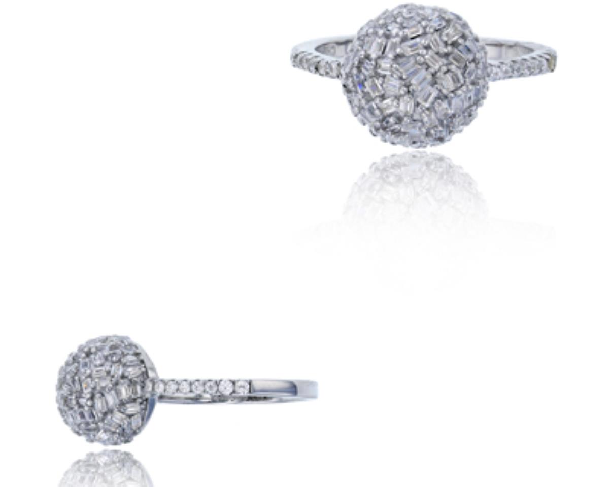 Sterling Silver Rhodium Micropave Baguette Ball CZ Fashion Ring