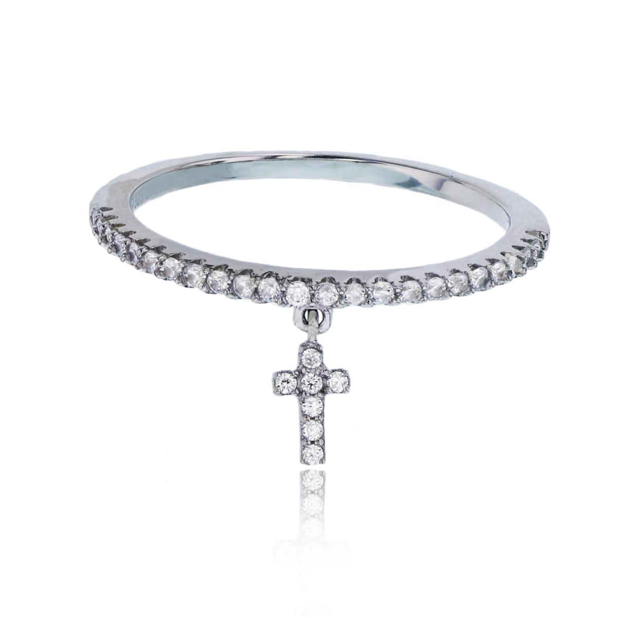 Sterling Silver Rhodium Micropave CZ Dangling Cross Fashion Ring