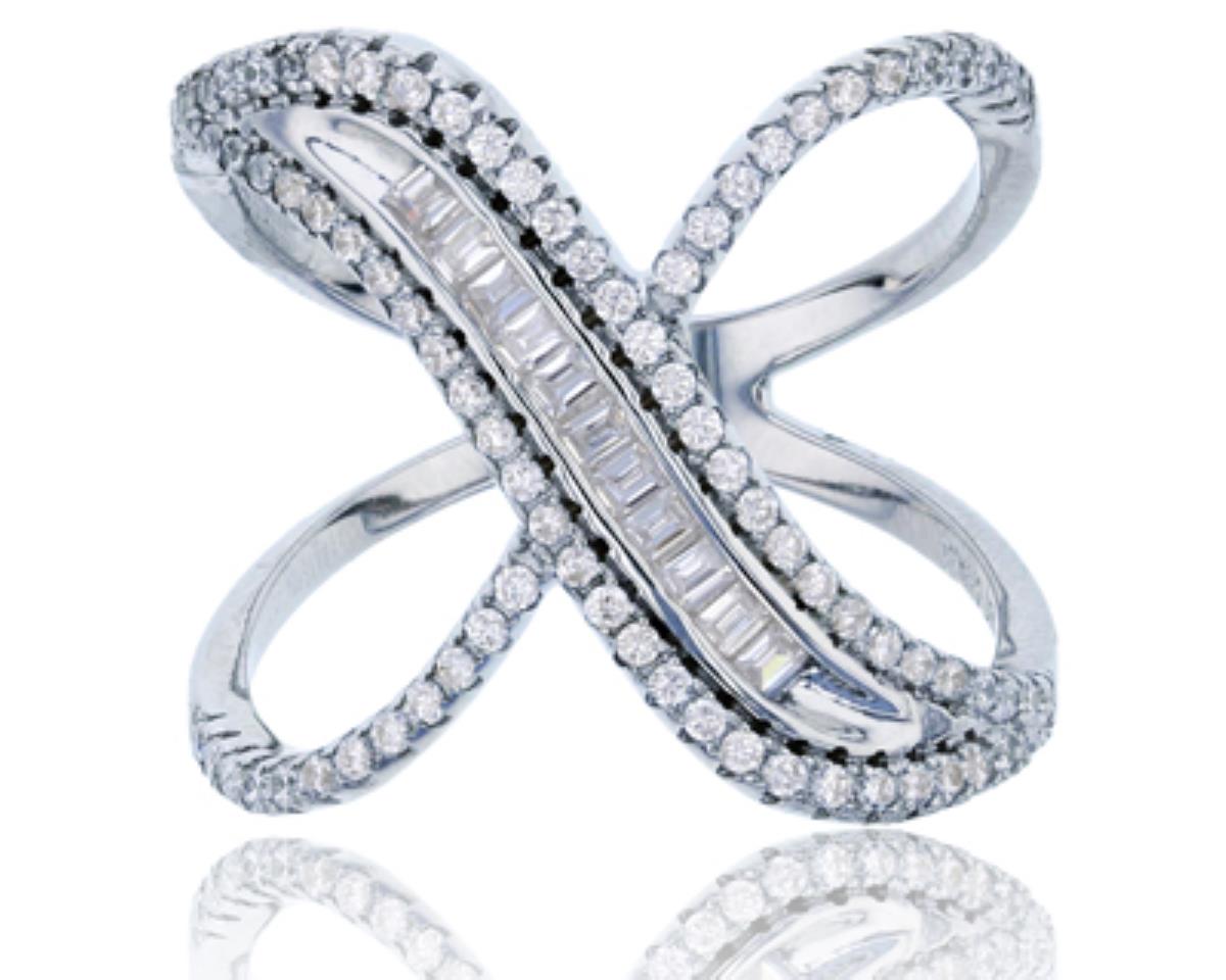 Sterling Silver Rhodium Micropave Round and Baguette X Fashion Ring