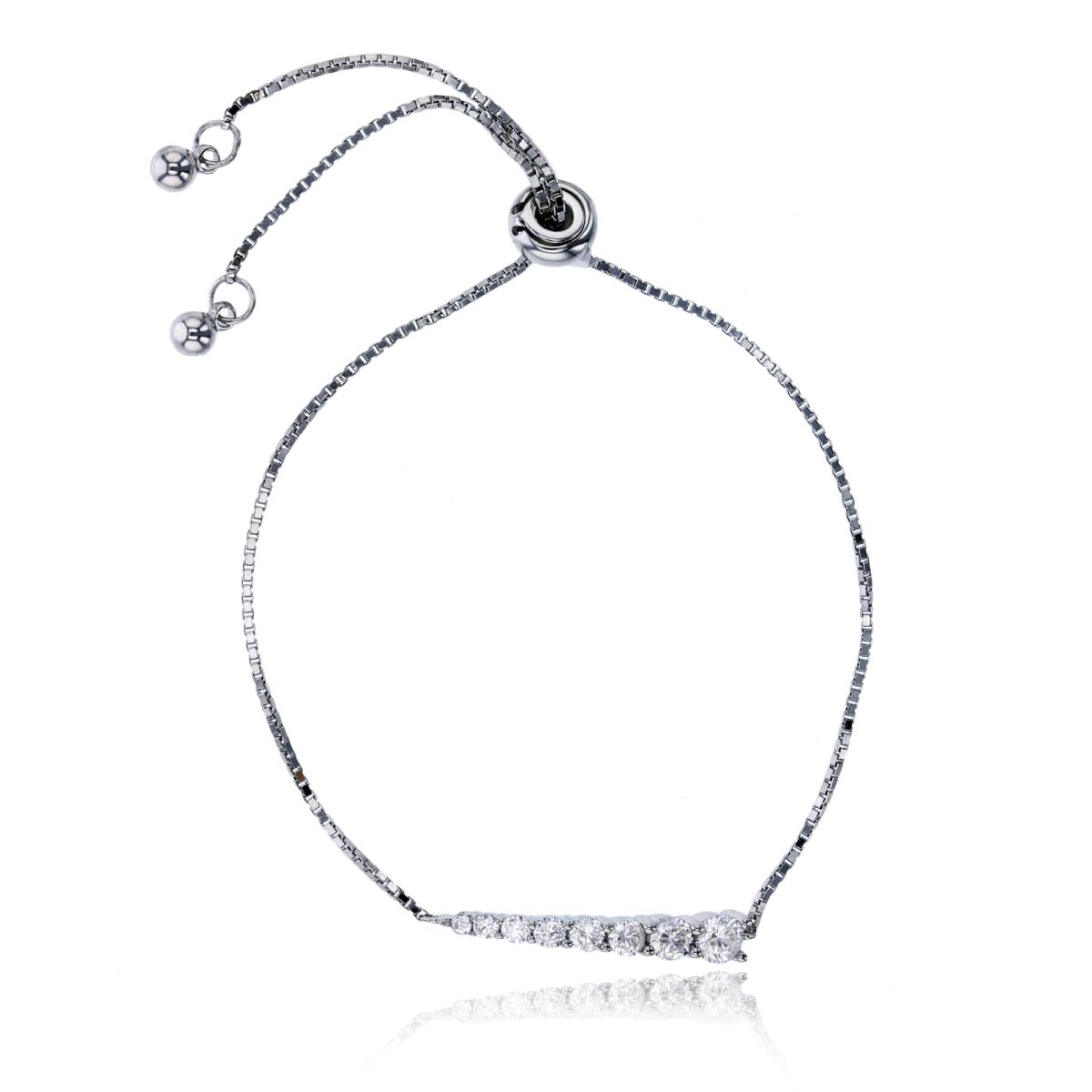 Sterling Silver Rhodium Pave Graduated Rd Cut Bar Adjustable Bracelet