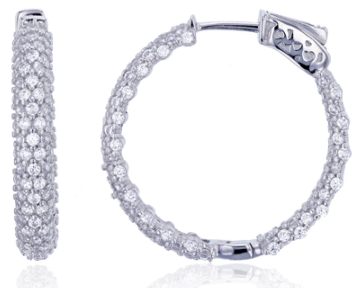 Sterling Silver Rhodium Micropave Multi Row Hoop Earring with Safety Lock 