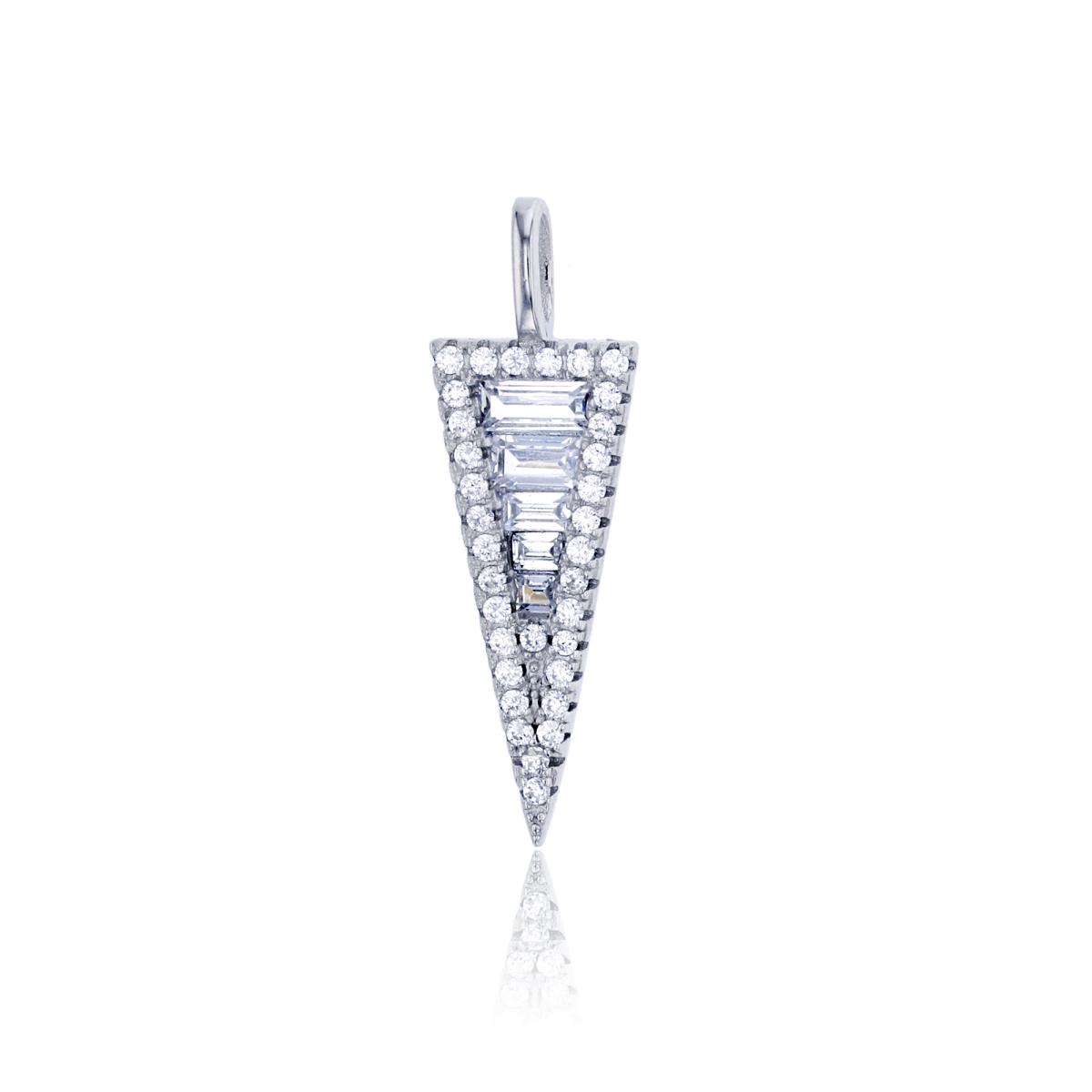 Sterling Silver Rhodium Micropave Graduated Round and Baguette CZ Triangle Pendant