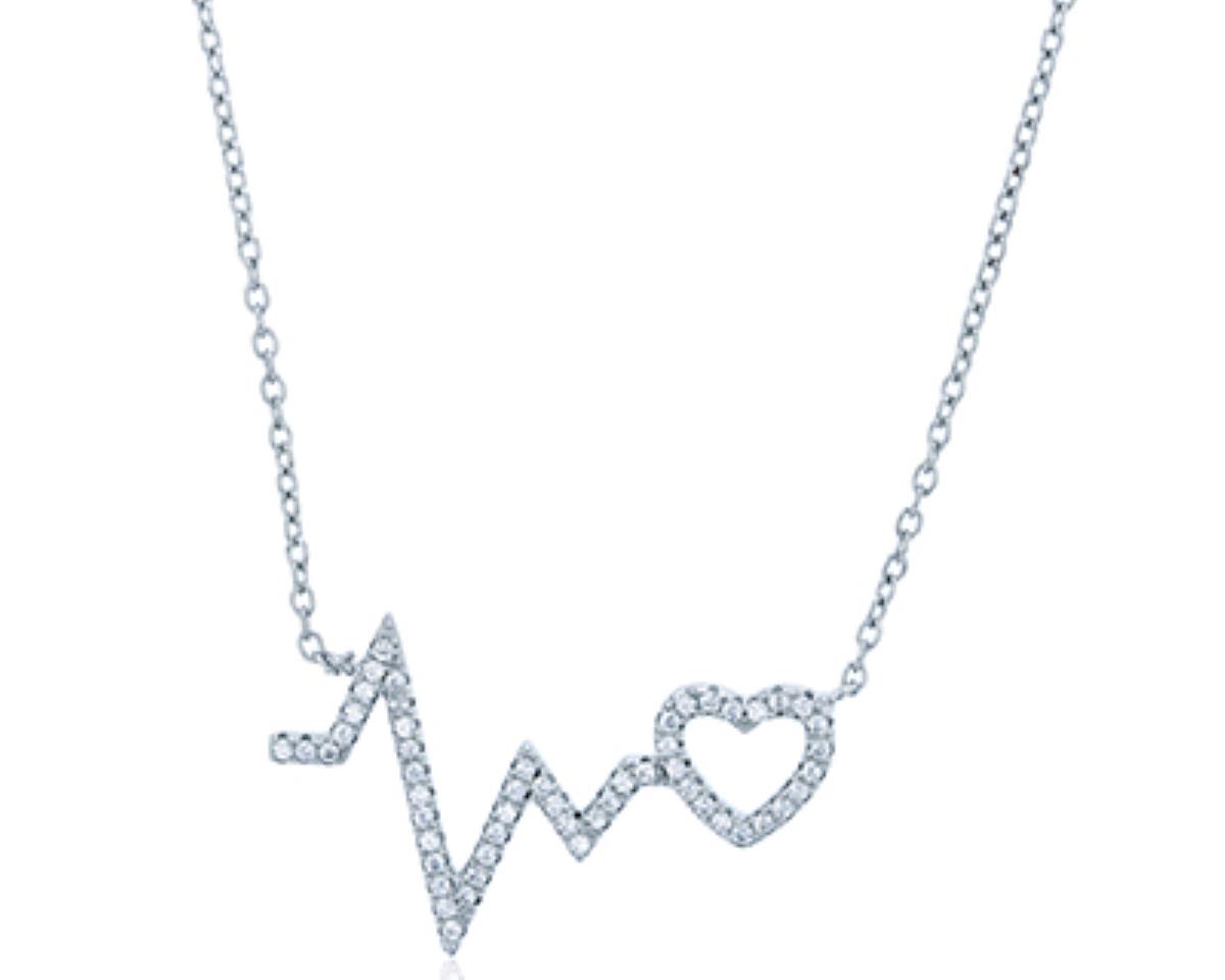 Sterling Silver Rhodium Micropave Heartbeat & Heart 17"+1" Extender Necklace