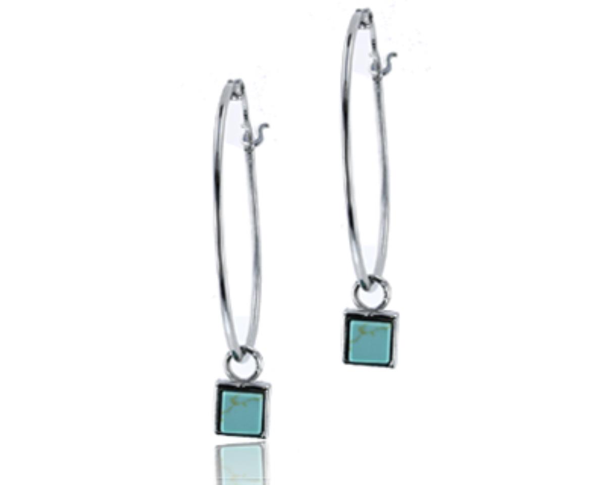 Sterling Silver Rhodium Polished Dangling Turquoise Square Hoop Earring