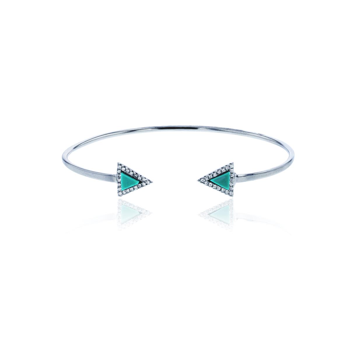 Sterling Silver Rhodium Micropave Triangle Turquoise and Clear CZ Bangle Bracelet