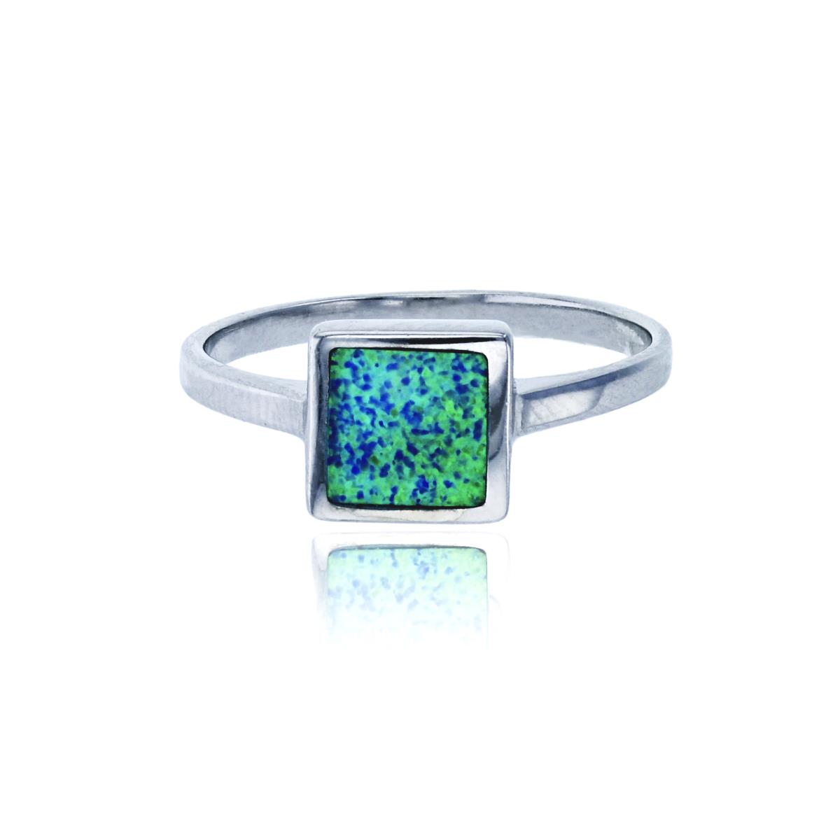 Sterling Silver Rhodium Polished Square Created Opal Fashion Ring